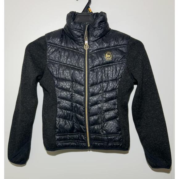 MICHAEL KORS Black Puffer Jacket Gold Zipper Logo Thumb Hole Girls 10/12 - Picture 1 of 8